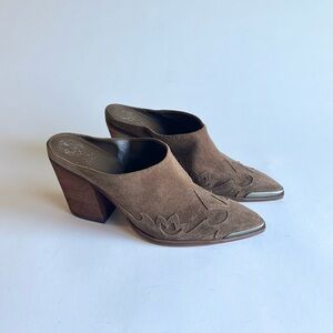 Vince Camuto Brown Tan Suede Leather Western Heeled Mules size 9.5